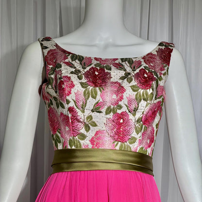 WILL STEINMAN vintage Evening dress, 1960s Pink Floral Chiffon and Brocade gown