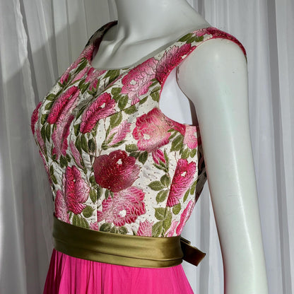 WILL STEINMAN vintage Evening dress, 1960s Pink Floral Chiffon and Brocade gown