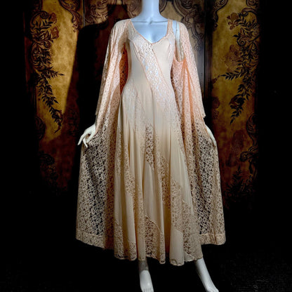OLGA vintage nightgown Peignoir set, 1970s Peach Blush Lace slip dress robe set