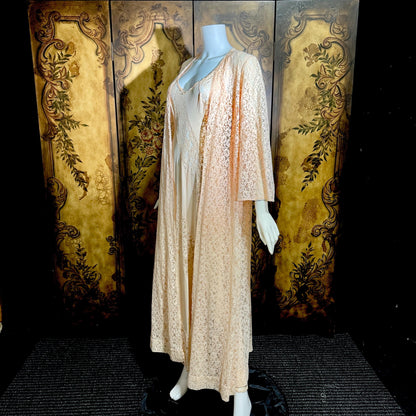OLGA vintage nightgown Peignoir set, 1970s Peach Blush Lace slip dress robe set