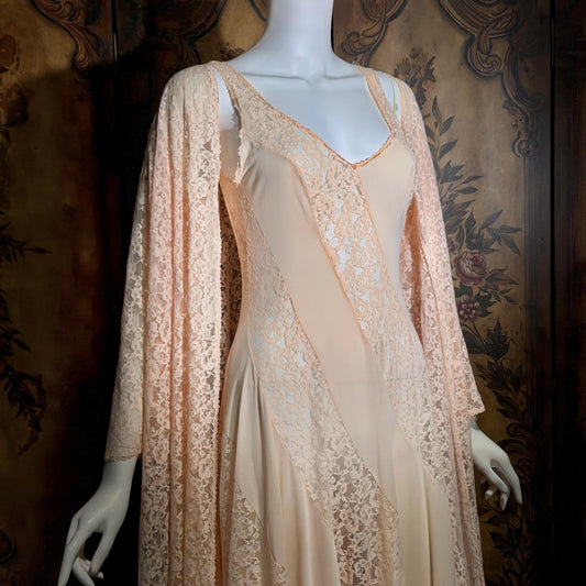 OLGA vintage nightgown Peignoir set, 1970s Peach Blush Lace slip dress robe set