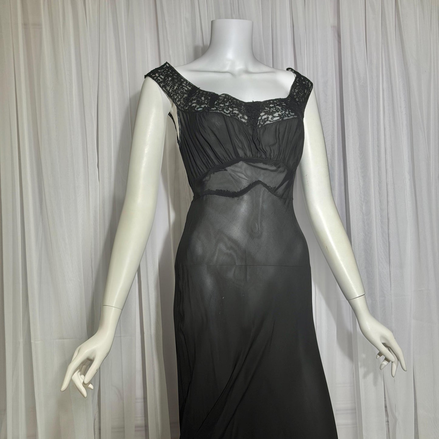 WONDER MAID vintage 1930s nightgown slip dress, sheer black maxi lingerie dress