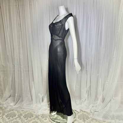 WONDER MAID vintage 1930s nightgown slip dress, sheer black maxi lingerie dress