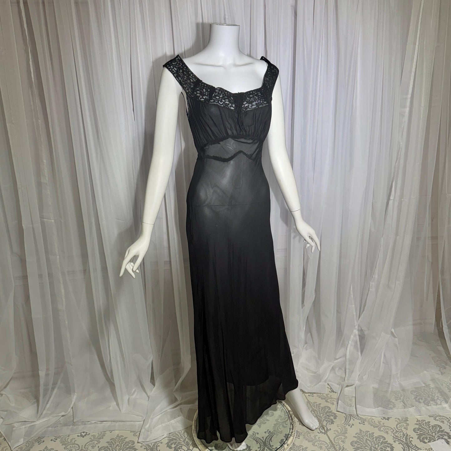 WONDER MAID vintage 1930s nightgown slip dress, sheer black maxi lingerie dress