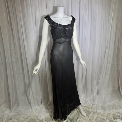 WONDER MAID vintage 1930s nightgown slip dress, sheer black maxi lingerie dress