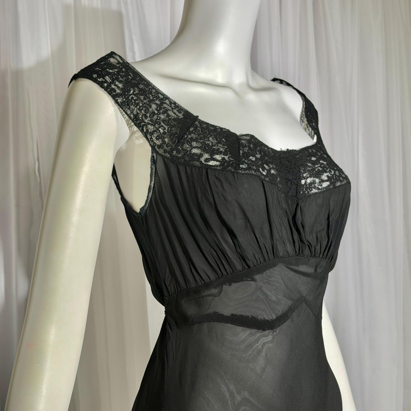 WONDER MAID vintage 1930s nightgown slip dress, sheer black maxi lingerie dress