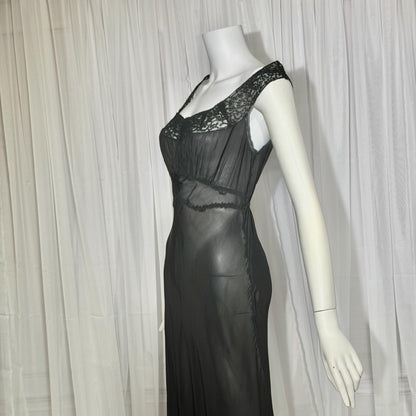 WONDER MAID vintage 1930s nightgown slip dress, sheer black maxi lingerie dress