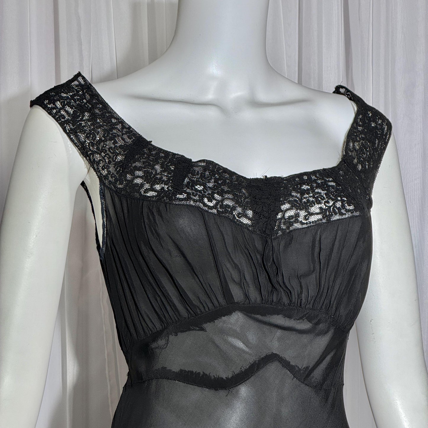 WONDER MAID vintage 1930s nightgown slip dress, sheer black maxi lingerie dress