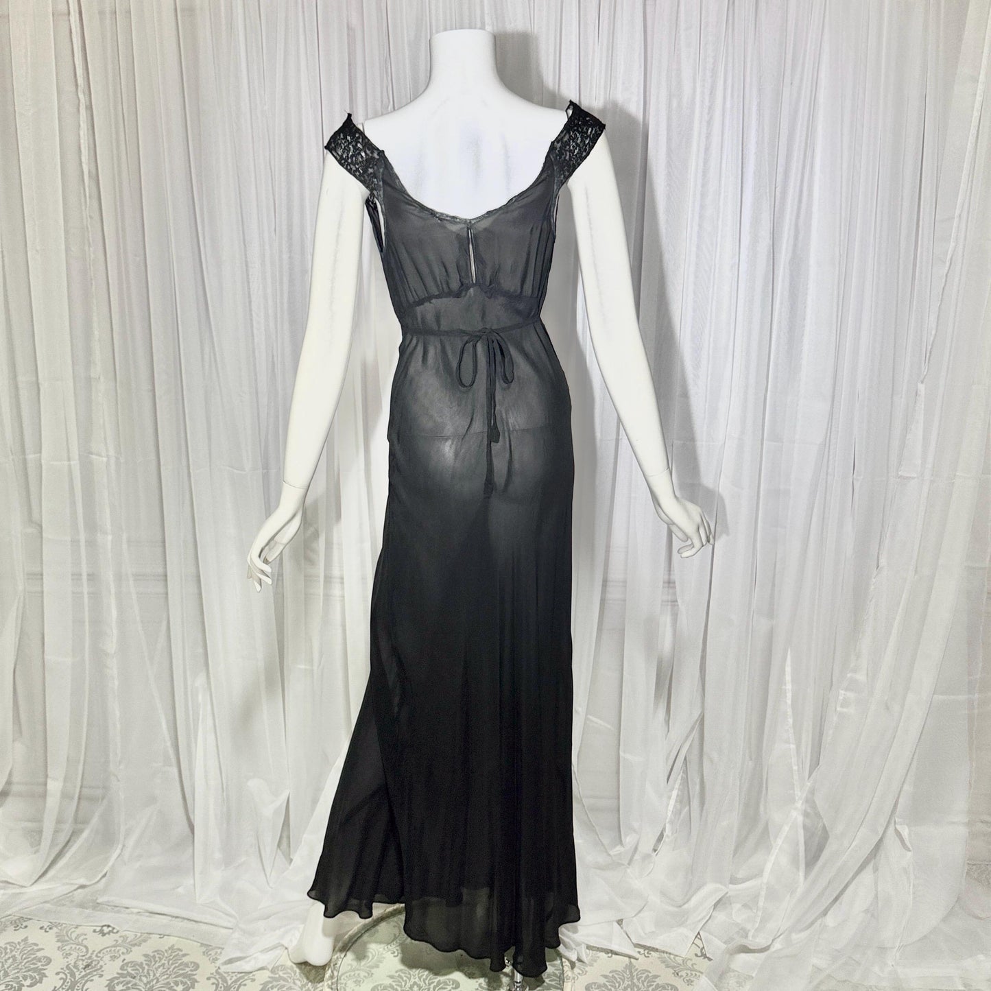 WONDER MAID vintage 1930s nightgown slip dress, sheer black maxi lingerie dress