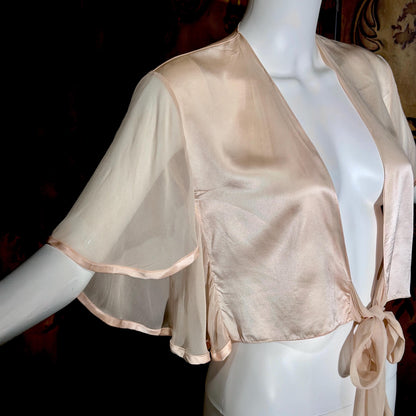 1980s vintage Silk bed jacket, Shiny peachy pink satin and chiffon evening jacket