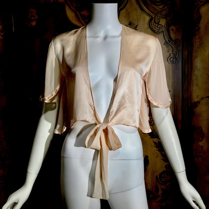 1980s vintage Silk bed jacket, Shiny peachy pink satin and chiffon evening jacket