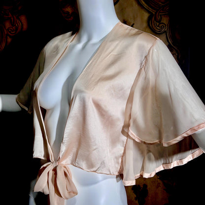 1980s vintage Silk bed jacket, Shiny peachy pink satin and chiffon evening jacket