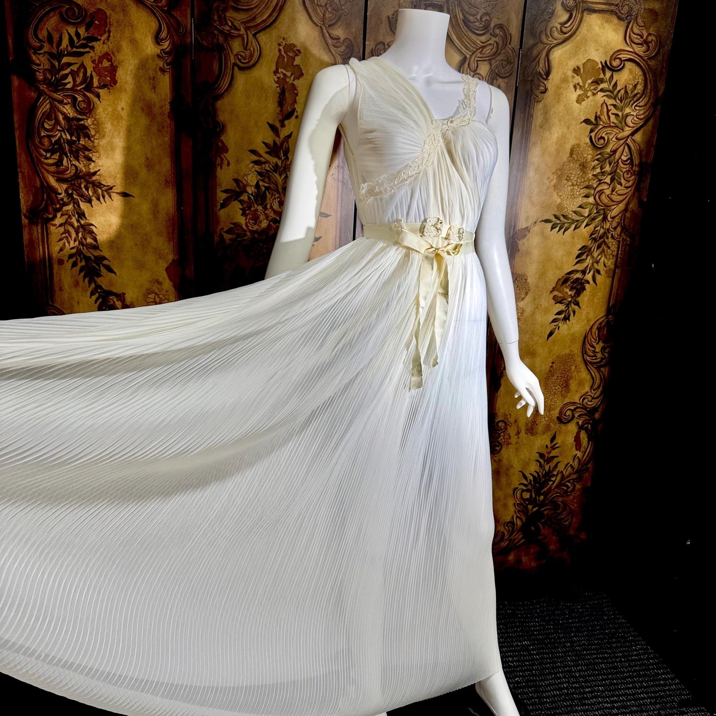 ROGERS vintage 1950s nightgown slip dress, white pleated Aphrodite Grecian Goddess lingerie gown