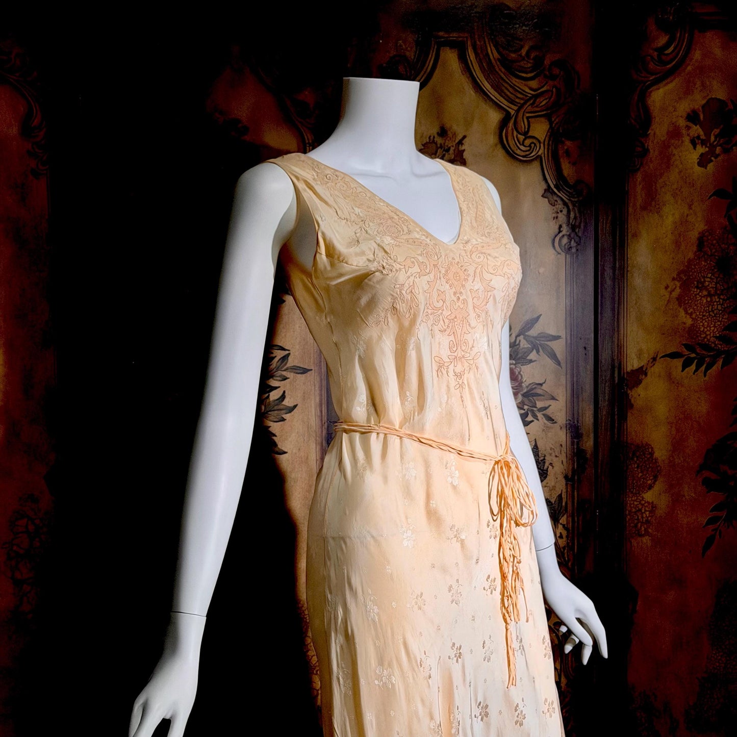 1930s vintage SILK Nightgown slip dress, HAND MADE peach bias cut lingerie dress