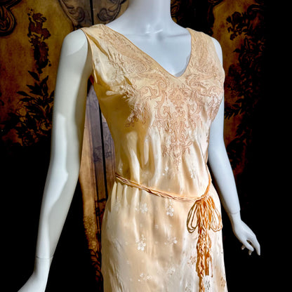 1930s vintage SILK Nightgown slip dress, HAND MADE peach bias cut lingerie dress