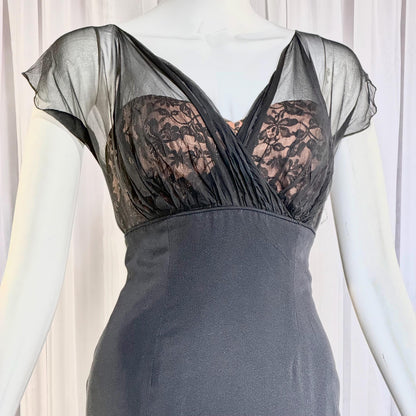 DON LOPER vintage 1950s cocktail party dress, black evening wiggle dress
