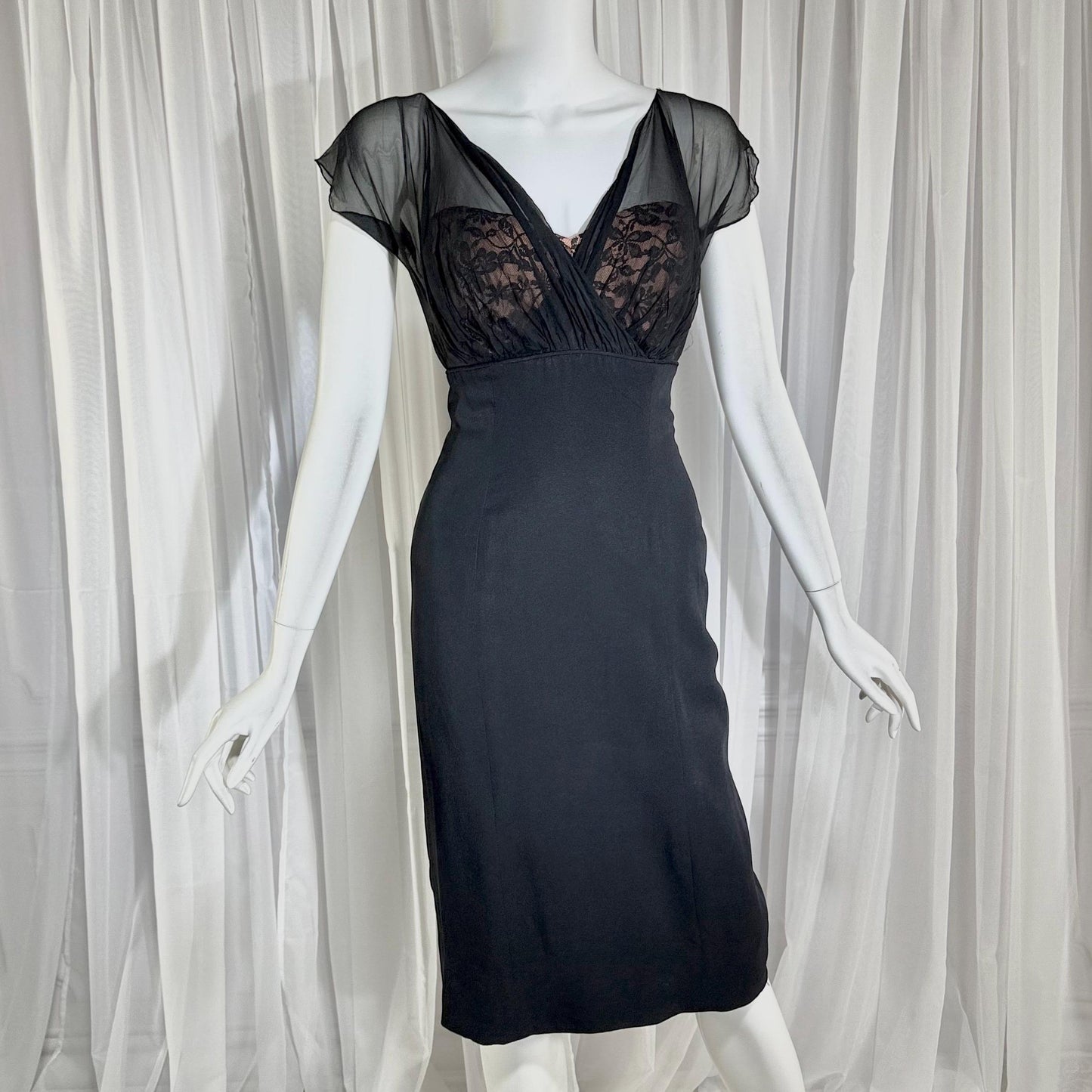 DON LOPER vintage 1950s cocktail party dress, black evening wiggle dress
