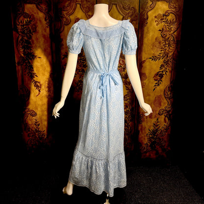 HANRO vintage nightgown maxi dress, Marshall Field & Co 1940s blue open knit house dress