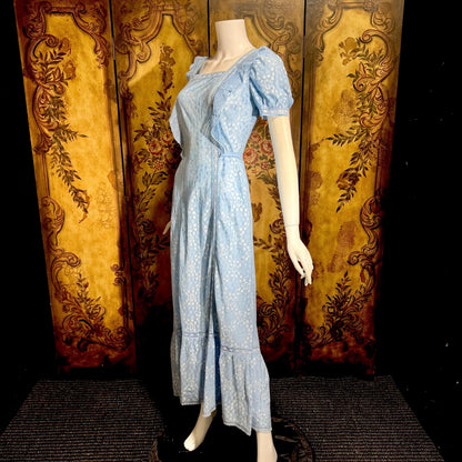 HANRO vintage nightgown maxi dress, Marshall Field & Co 1940s blue open knit house dress