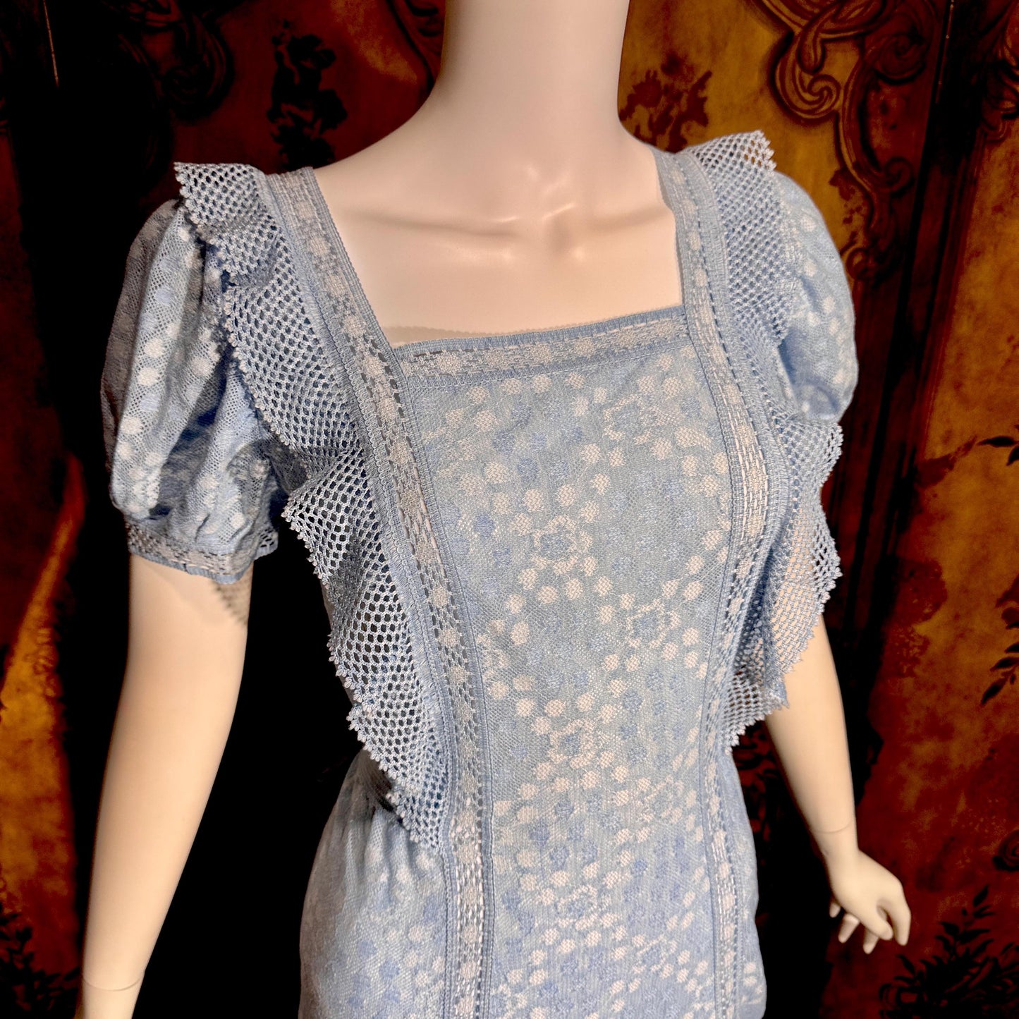 HANRO vintage nightgown maxi dress, Marshall Field & Co 1940s blue open knit house dress