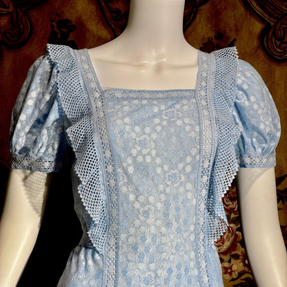 HANRO vintage nightgown maxi dress, Marshall Field & Co 1940s blue open knit house dress