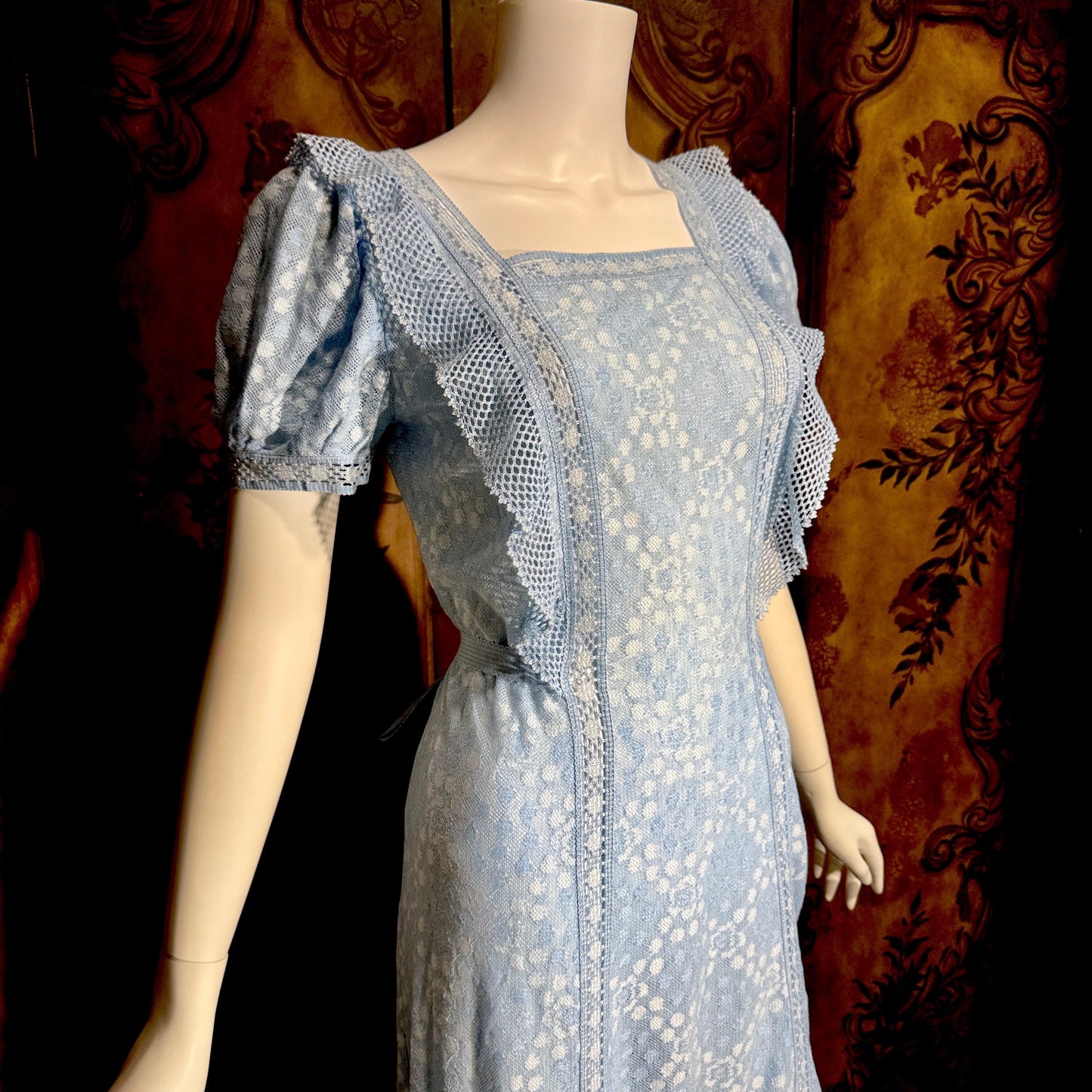 HANRO vintage nightgown maxi dress, Marshall Field & Co 1940s blue open knit house dress