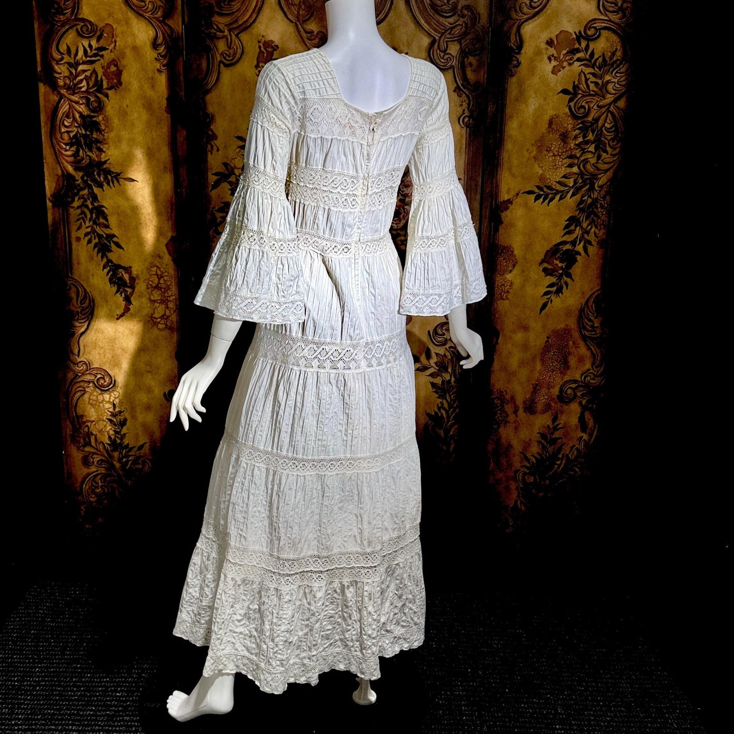 SUZANNA Vintage Mexican Wedding Dress, 1970s White Pin tuck cotton crochet bell sleeve maxi gown by Suzanna