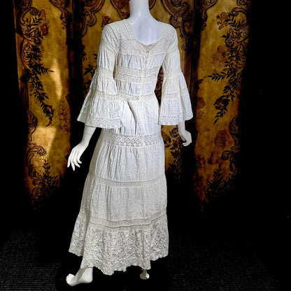SUZANNA Vintage Mexican Wedding Dress, 1970s White Pin tuck cotton crochet bell sleeve maxi gown by Suzanna