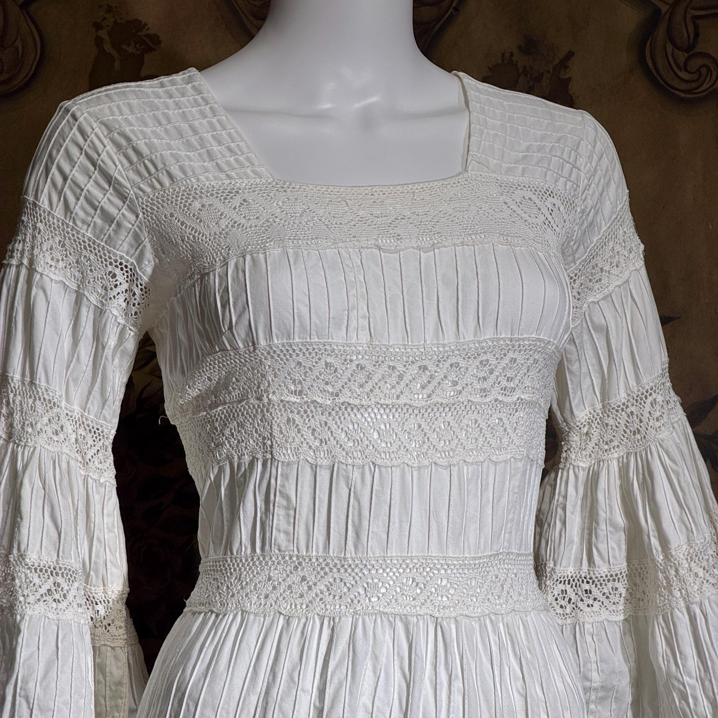 SUZANNA Vintage Mexican Wedding Dress, 1970s White Pin tuck cotton crochet bell sleeve maxi gown by Suzanna