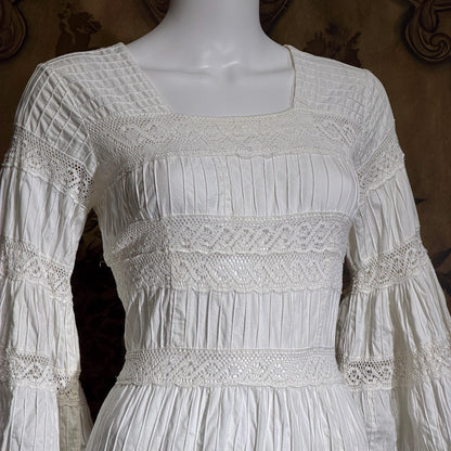 SUZANNA Vintage Mexican Wedding Dress, 1970s White Pin tuck cotton crochet bell sleeve maxi gown by Suzanna
