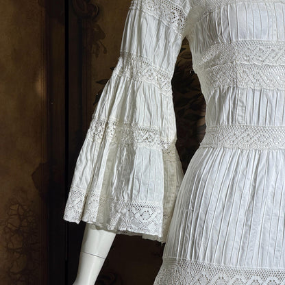 SUZANNA Vintage Mexican Wedding Dress, 1970s White Pin tuck cotton crochet bell sleeve maxi gown by Suzanna