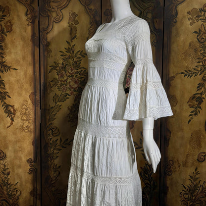 SUZANNA Vintage Mexican Wedding Dress, 1970s White Pin tuck cotton crochet bell sleeve maxi gown by Suzanna