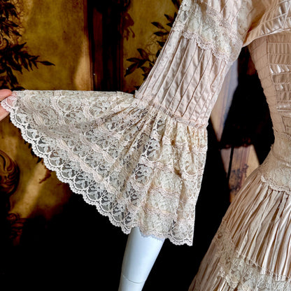 1970s Vintage Mexican Wedding Dress, Dusty Pink Blush Pin tuck cotton crochet bell sleeve maxi gown