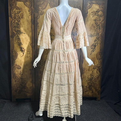 1970s Vintage Mexican Wedding Dress, Dusty Pink Blush Pin tuck cotton crochet bell sleeve maxi gown