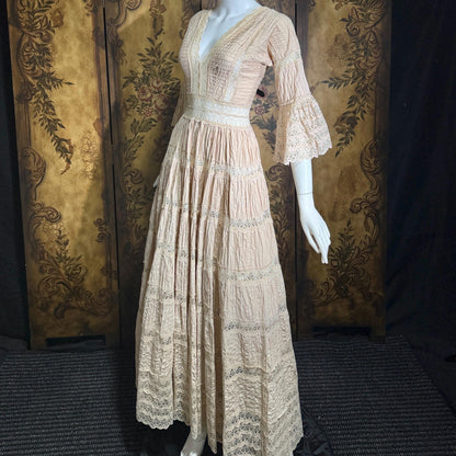 1970s Vintage Mexican Wedding Dress, Dusty Pink Blush Pin tuck cotton crochet bell sleeve maxi gown