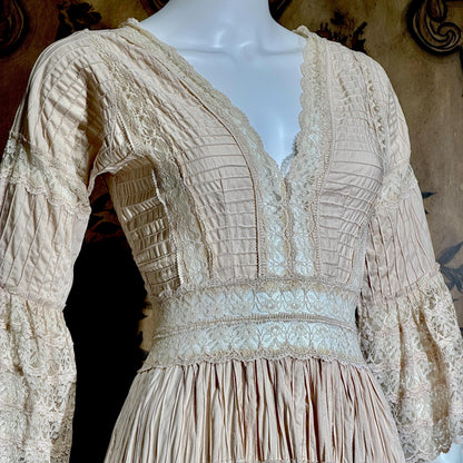 1970s Vintage Mexican Wedding Dress, Dusty Pink Blush Pin tuck cotton crochet bell sleeve maxi gown