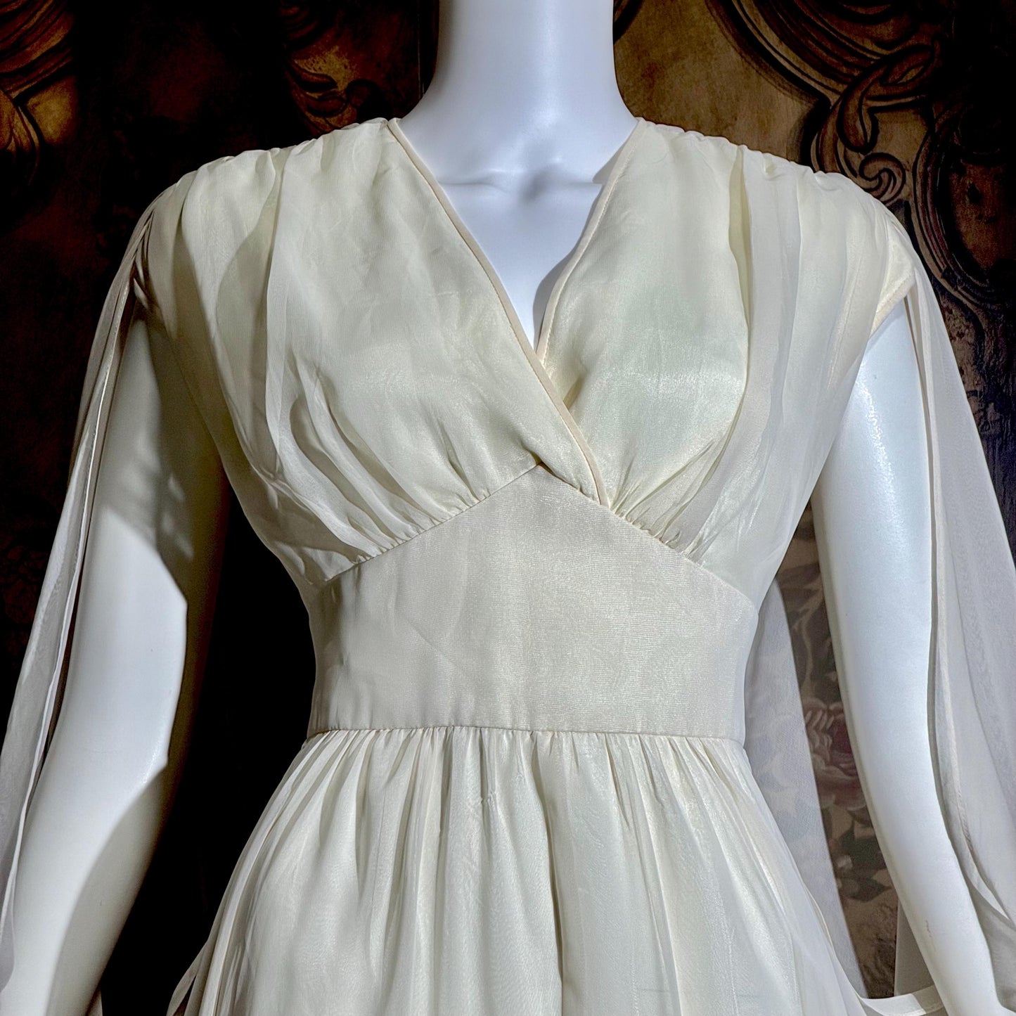 MOHR KLEIDER vintage wedding dress, 1980s Grecian Goddess white poly cape gown