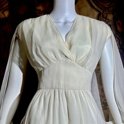 MOHR KLEIDER vintage wedding dress, 1980s Grecian Goddess white poly cape gown