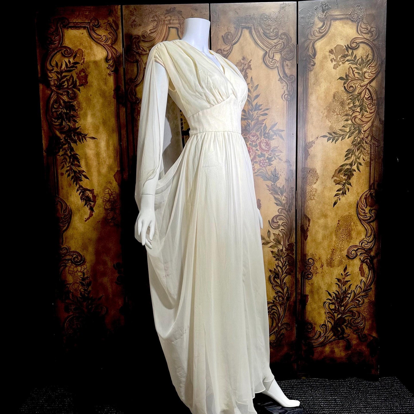 MOHR KLEIDER vintage wedding dress, 1980s Grecian Goddess white poly cape gown