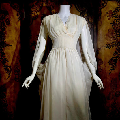 MOHR KLEIDER vintage wedding dress, 1980s Grecian Goddess white poly cape gown