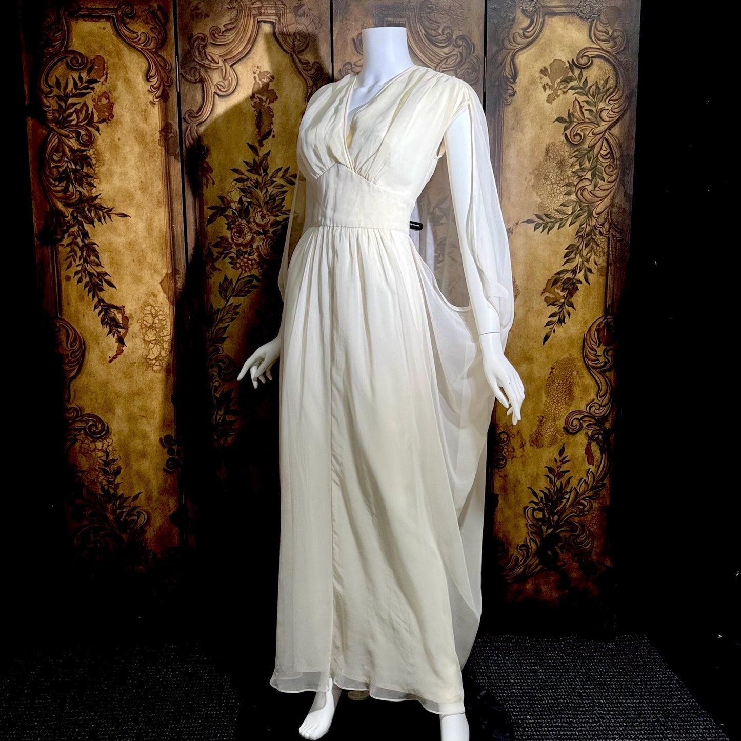 MOHR KLEIDER vintage wedding dress, 1980s Grecian Goddess white poly cape gown