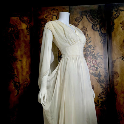 MOHR KLEIDER vintage wedding dress, 1980s Grecian Goddess white poly cape gown
