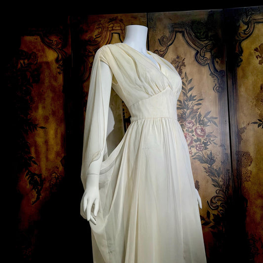 MOHR KLEIDER vintage wedding dress, 1980s Grecian Goddess white poly cape gown