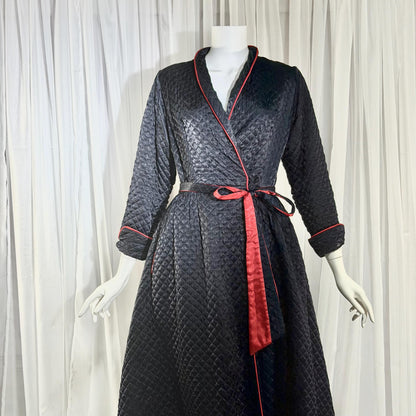 BARBIZON Vintage 1940s Dressing Gown Robe, Lady at Ease, Navy Blue Quilted Satin Housecoat