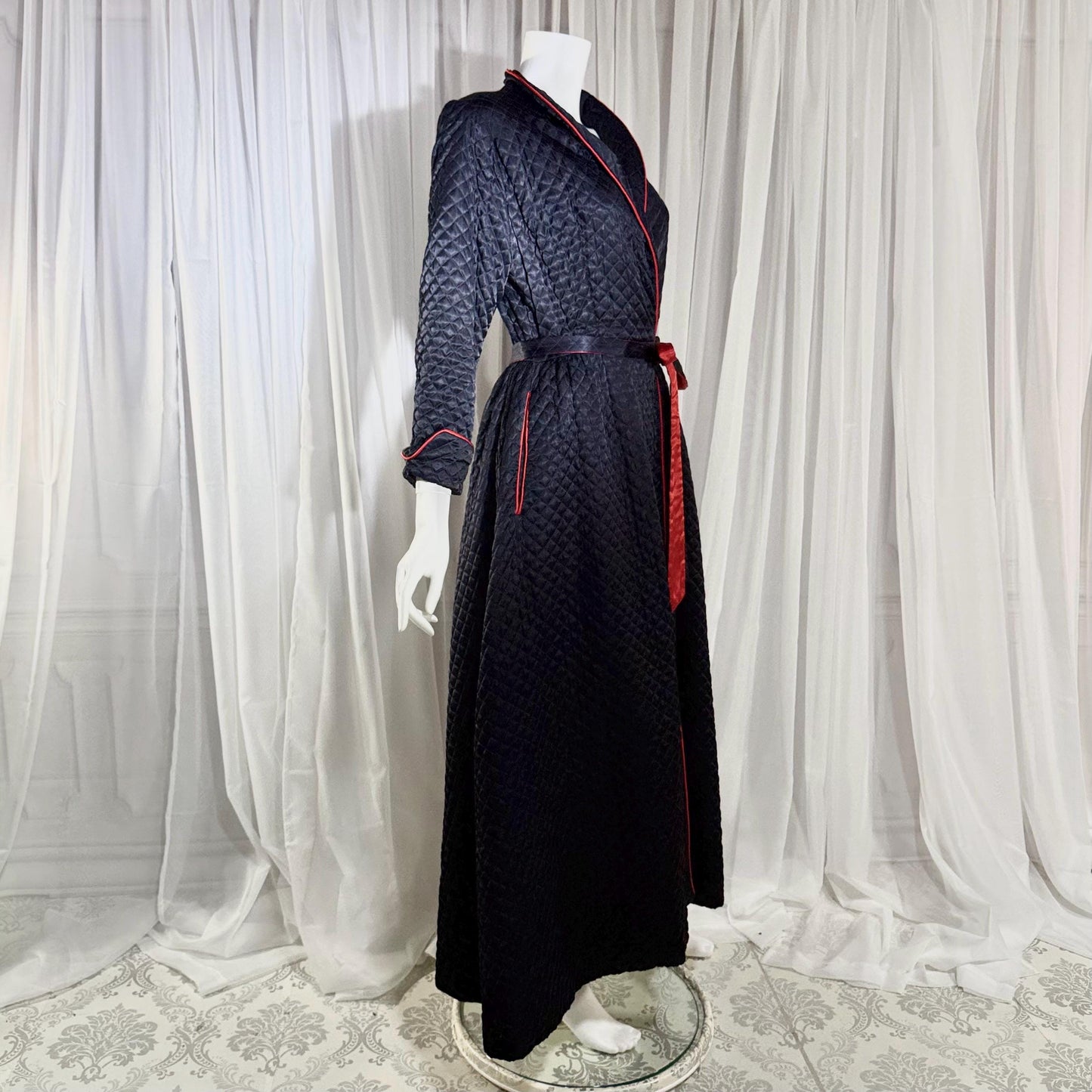 BARBIZON Vintage 1940s Dressing Gown Robe, Lady at Ease, Navy Blue Quilted Satin Housecoat