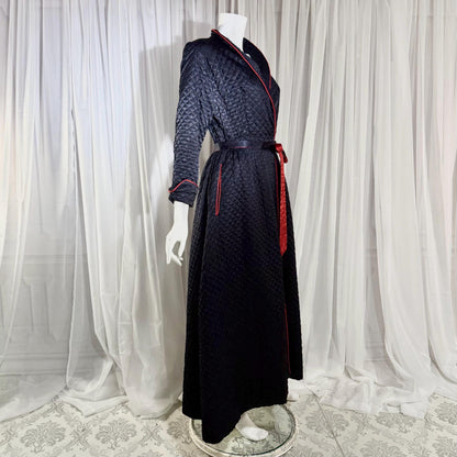 BARBIZON Vintage 1940s Dressing Gown Robe, Lady at Ease, Navy Blue Quilted Satin Housecoat