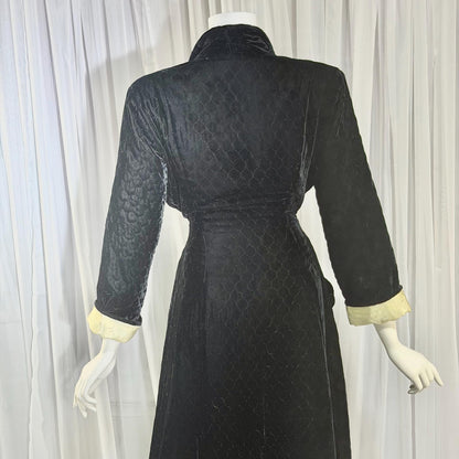 1940s Vintage Dressing Gown Robe, Black quilted velvet full length Housecoat