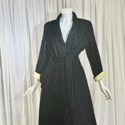 1940s Vintage Dressing Gown Robe, Black quilted velvet full length Housecoat