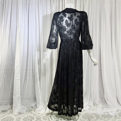 1940s Vintage Dressing Gown Robe, Sheer Black Floral Burnout maxi length Hostess Gown