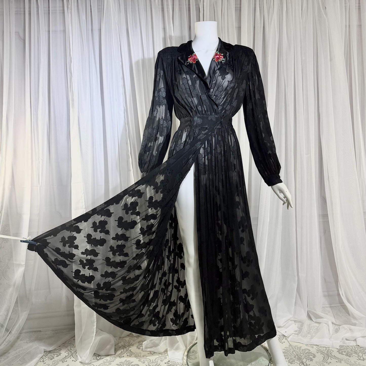 1940s Vintage Dressing Gown Robe, Sheer Black Floral Burnout maxi length Hostess Gown